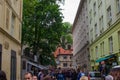 Prague, Czech Republic; 5/17/2019: Typical czech street with colorful houses at both sides and the facade of the Jewish Ceremonial